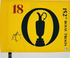 Xander Schauffele autograph, Xander Schauffele signed, British Open memorabilia, Royal Troon memorabilia, signed golf flag, BAS authenticated, autographed golf flag, major championship memorabilia, PGA Tour collectible, golf memorabilia, Xander Schauffele collectible, tournament flag autograph, golf champion memorabilia, Open Championship flag, PGA golf collectible