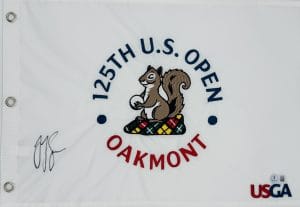 JJ Spaun autograph, JJ Spaun signed, U.S. Open memorabilia, Oakmont memorabilia, signed golf flag, BAS authenticated, autographed golf flag, major championship memorabilia, PGA Tour collectible, golf memorabilia, JJ Spaun collectible, tournament flag autograph, golf champion memorabilia, U.S. Open champion flag, PGA golf collectible