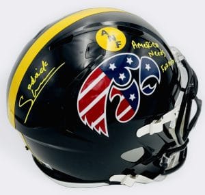 Sedrick Shaw autograph, Sedrick Shaw signed, Iowa Hawkeyes memorabilia, ANF helmet Iowa, America Needs Farmers helmet, signed full size helmet, Iowa Hall of Fame autograph, replica helmet autograph, Iowa football memorabilia, Big Ten football memorabilia, college football memorabilia, Hawkeyes collectible, Iowa all-time rusher, running back autograph, full size helmet display