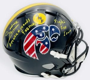 Sedrick Shaw autograph, Sedrick Shaw signed, Iowa Hawkeyes memorabilia, ANF helmet Iowa, America Needs Farmers helmet, signed full size helmet, Iowa Hall of Fame autograph, replica helmet autograph, Iowa football memorabilia, Big Ten football memorabilia, college football memorabilia, Hawkeyes collectible, Iowa all-time rusher, running back autograph, full size helmet display