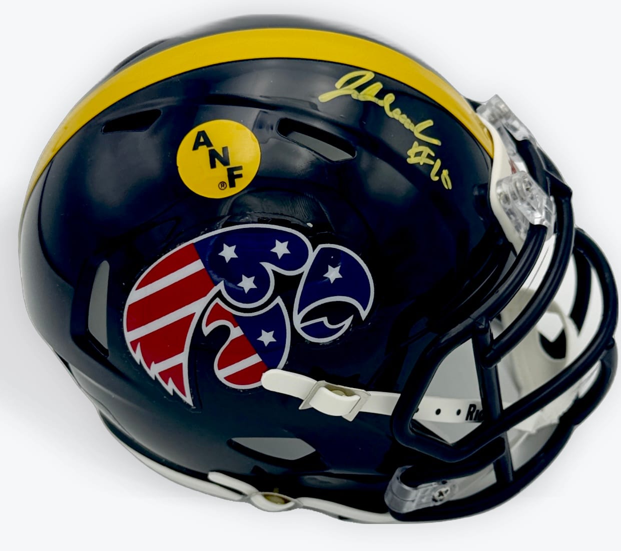 Jeremy Hecklinski autograph, Jeremy Hecklinski signed, Iowa Hawkeyes memorabilia, ANF mini helmet, America Needs Farmers helmet, Stars and Stripes helmet, signed mini helmet, BAS authenticated, quarterback autograph, Big Ten football memorabilia, college football memorabilia, Hawkeyes collectible, patriotic helmet display, mini helmet collectible, Iowa football autograph