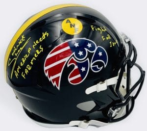 Sedrick Shaw autograph, Sedrick Shaw signed, Iowa Hawkeyes memorabilia, ANF helmet Iowa, America Needs Farmers helmet, signed full size helmet, Iowa Hall of Fame autograph, replica helmet autograph, Iowa football memorabilia, Big Ten football memorabilia, college football memorabilia, Hawkeyes collectible, Iowa all-time rusher, running back autograph, full size helmet display