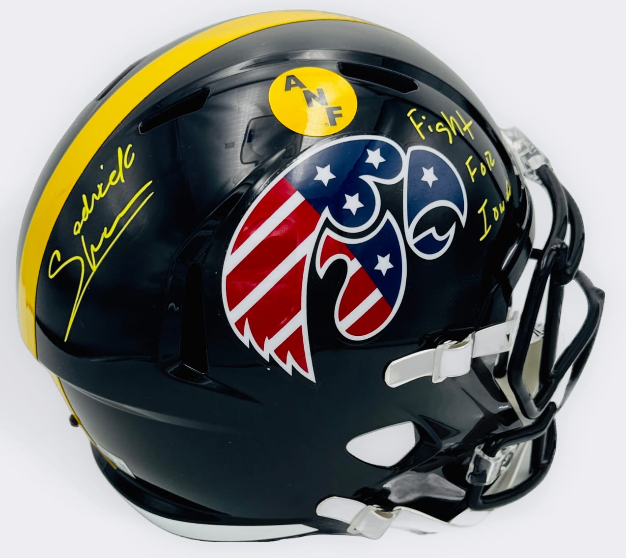 Sedrick Shaw autograph, Sedrick Shaw signed, Iowa Hawkeyes memorabilia, ANF helmet Iowa, America Needs Farmers helmet, signed full size helmet, Iowa Hall of Fame autograph, replica helmet autograph, Iowa football memorabilia, Big Ten football memorabilia, college football memorabilia, Hawkeyes collectible, Iowa all-time rusher, running back autograph, full size helmet display
