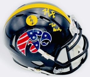 Zach Lutmer autograph, Zach Lutmer signed, Iowa Hawkeyes memorabilia, Stars and Stripes mini helmet, signed mini helmet, BAS authenticated, autographed mini helmet, defensive back autograph, Big Ten football memorabilia, college football memorabilia, Hawkeyes collectible, patriotic helmet display, All-Big Ten defensive back, mini helmet collectible, Iowa football autograph