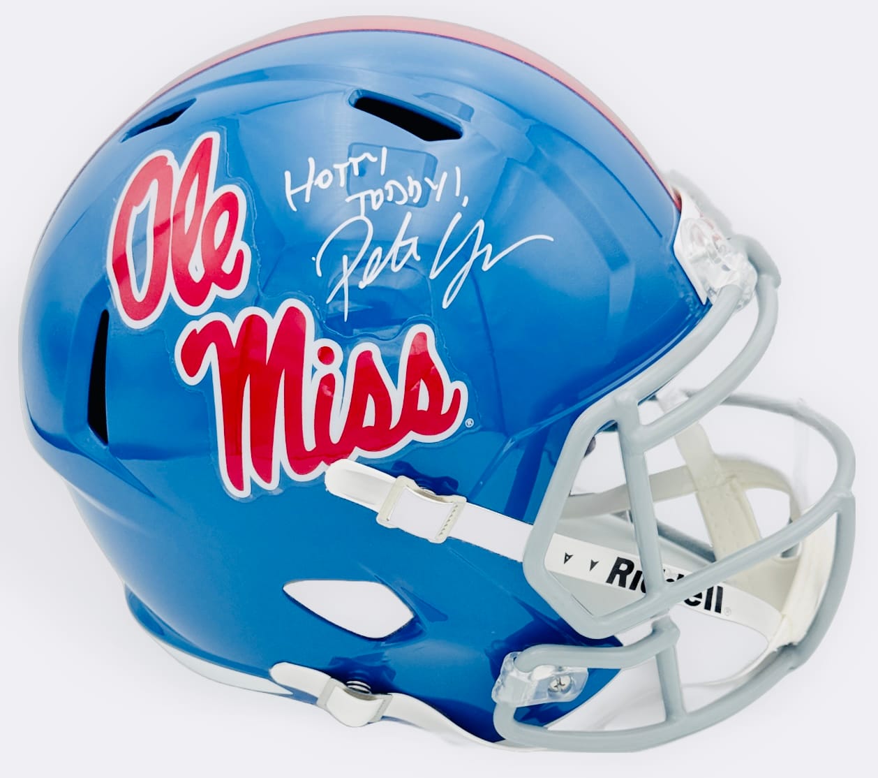 Pete Golding autograph, Pete Golding signed, Ole Miss Rebels memorabilia, signed full size helmet, Ole Miss collectible, BAS authenticated, autographed helmet, head coach autograph, SEC football memorabilia, college football memorabilia, Rebels collectible, replica helmet autograph, Ole Miss head coach, full size helmet display, CFP memorabilia