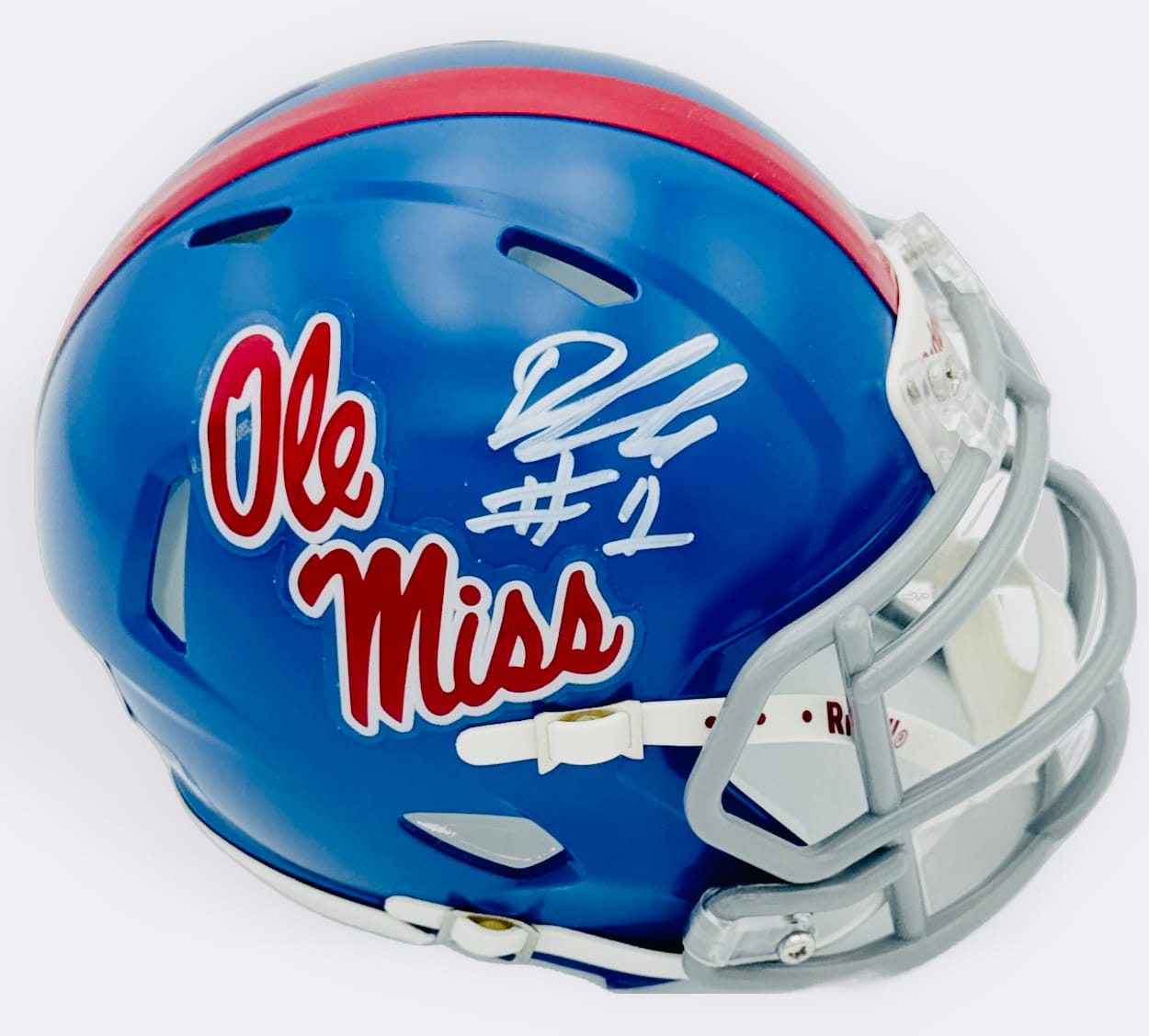 Deuce Alexander autograph, Deuce Alexander signed, Ole Miss Rebels memorabilia, signed mini helmet, Ole Miss collectible, BAS authenticated, autographed mini helmet, wide receiver autograph, SEC football memorabilia, college football memorabilia, Rebels collectible, mini helmet display, breakout star autograph, Ole Miss football autograph, Rebels offense