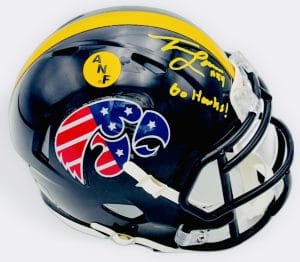 Trevor Lauck autograph, Trevor Lauck signed, Iowa Hawkeyes memorabilia, Stars and Stripes mini helmet, signed mini helmet, BAS authenticated, autographed mini helmet, offensive tackle autograph, Big Ten football memorabilia, college football memorabilia, Hawkeyes collectible, patriotic helmet display, Joe Moore Award, mini helmet collectible, Iowa football autograph