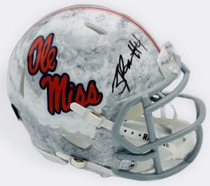 Suntarine Perkins autograph, Suntarine Perkins signed, Ole Miss Rebels memorabilia, Realtree mini helmet, signed mini helmet, BAS authenticated, autographed mini helmet, linebacker autograph, SEC football memorabilia, college football memorabilia, Rebels collectible, camo helmet display, All-American autograph, Ole Miss defense, mini helmet collectible