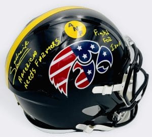 Sedrick Shaw autograph, Sedrick Shaw signed, Iowa Hawkeyes memorabilia, ANF helmet Iowa, America Needs Farmers helmet, signed full size helmet, Iowa Hall of Fame autograph, replica helmet autograph, Iowa football memorabilia, Big Ten football memorabilia, college football memorabilia, Hawkeyes collectible, Iowa all-time rusher, running back autograph, full size helmet display