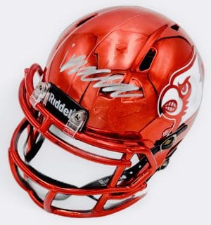 Isaac Brown autograph, Isaac Brown signed, Louisville Cardinals memorabilia, ACC football memorabilia, signed chrome mini helmet, Louisville collectible, BAS authenticated, autographed mini helmet, running back autograph, college football memorabilia, Cardinals collectible, chrome helmet display, ACC Rookie of the Year, Louisville football autograph