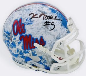 Kam Franklin autograph, Kam Franklin signed, Ole Miss Rebels memorabilia, Realtree mini helmet, signed mini helmet, BAS authenticated, autographed mini helmet, defensive lineman autograph, SEC football memorabilia, college football memorabilia, Rebels collectible, camo helmet display, Ole Miss defense, mini helmet collectible, Mississippi native autograph