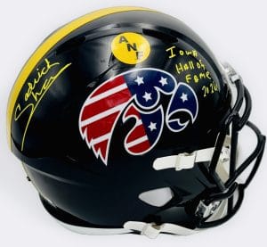 Sedrick Shaw autograph, Sedrick Shaw signed, Iowa Hawkeyes memorabilia, ANF helmet Iowa, America Needs Farmers helmet, signed full size helmet, Iowa Hall of Fame autograph, replica helmet autograph, Iowa football memorabilia, Big Ten football memorabilia, college football memorabilia, Hawkeyes collectible, Iowa all-time rusher, running back autograph, full size helmet display