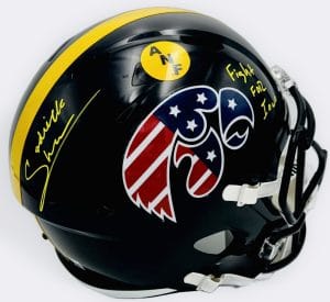 Sedrick Shaw autograph, Sedrick Shaw signed, Iowa Hawkeyes memorabilia, ANF helmet Iowa, America Needs Farmers helmet, signed full size helmet, Iowa Hall of Fame autograph, replica helmet autograph, Iowa football memorabilia, Big Ten football memorabilia, college football memorabilia, Hawkeyes collectible, Iowa all-time rusher, running back autograph, full size helmet display