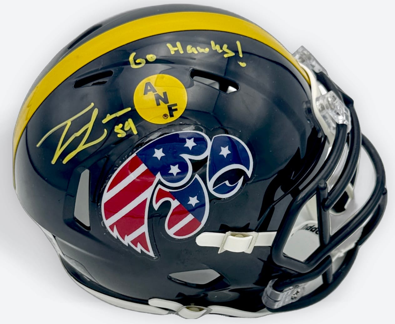 Trevor Lauck autograph, Trevor Lauck signed, Iowa Hawkeyes memorabilia, Stars and Stripes mini helmet, signed mini helmet, BAS authenticated, autographed mini helmet, offensive tackle autograph, Big Ten football memorabilia, college football memorabilia, Hawkeyes collectible, patriotic helmet display, Joe Moore Award, mini helmet collectible, Iowa football autograph