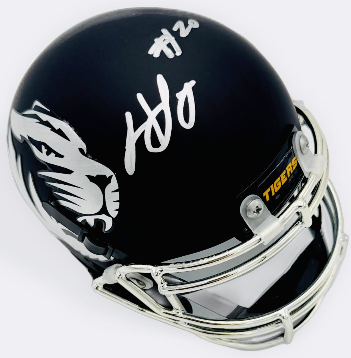 Henry Josey autograph, Henry Josey signed, Missouri Tigers memorabilia, Mizzou memorabilia, signed chrome mini helmet, Missouri collectible, BAS authenticated, autographed mini helmet, running back autograph, SEC football memorabilia, college football memorabilia, Mizzou collectible, chrome helmet display, All-Big 12 autograph, Missouri football autograph