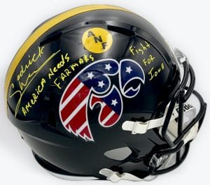 Sedrick Shaw autograph, Sedrick Shaw signed, Iowa Hawkeyes memorabilia, ANF helmet Iowa, America Needs Farmers helmet, signed full size helmet, Iowa Hall of Fame autograph, replica helmet autograph, Iowa football memorabilia, Big Ten football memorabilia, college football memorabilia, Hawkeyes collectible, Iowa all-time rusher, running back autograph, full size helmet display