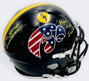 Sedrick Shaw autograph, Sedrick Shaw signed, Iowa Hawkeyes memorabilia, ANF helmet Iowa, America Needs Farmers helmet, signed full size helmet, Iowa Hall of Fame autograph, replica helmet autograph, Iowa football memorabilia, Big Ten football memorabilia, college football memorabilia, Hawkeyes collectible, Iowa all-time rusher, running back autograph, full size helmet display