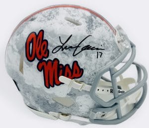 Lucas Carneiro autograph, Lucas Carneiro signed, Ole Miss Rebels memorabilia, Realtree mini helmet, signed mini helmet, BAS authenticated, autographed mini helmet, kicker autograph, SEC football memorabilia, college football memorabilia, Rebels collectible, camo helmet display, Lou Groza watch list, CFP memorabilia, mini helmet collectible