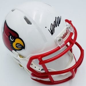 Isaac Brown autograph, Isaac Brown signed, Louisville Cardinals memorabilia, ACC football memorabilia, signed mini helmet, Louisville collectible, BAS authenticated, autographed mini helmet, running back autograph, college football memorabilia, Cardinals collectible, mini helmet display, ACC Rookie of the Year, Louisville football autograph