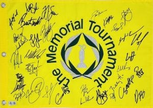 Jack Nicklaus autograph, Jordan Spieth autograph, Memorial Tournament memorabilia, Muirfield Village memorabilia, multi-signed golf flag, BAS authenticated, autographed golf flag, golf legend autograph, PGA Tour memorabilia, golf memorabilia, Memorial Tournament collectible, PGA Tour field autograph, Billy Horschel memorabilia, Masters Tournament memorabilia, golf champion memorabilia