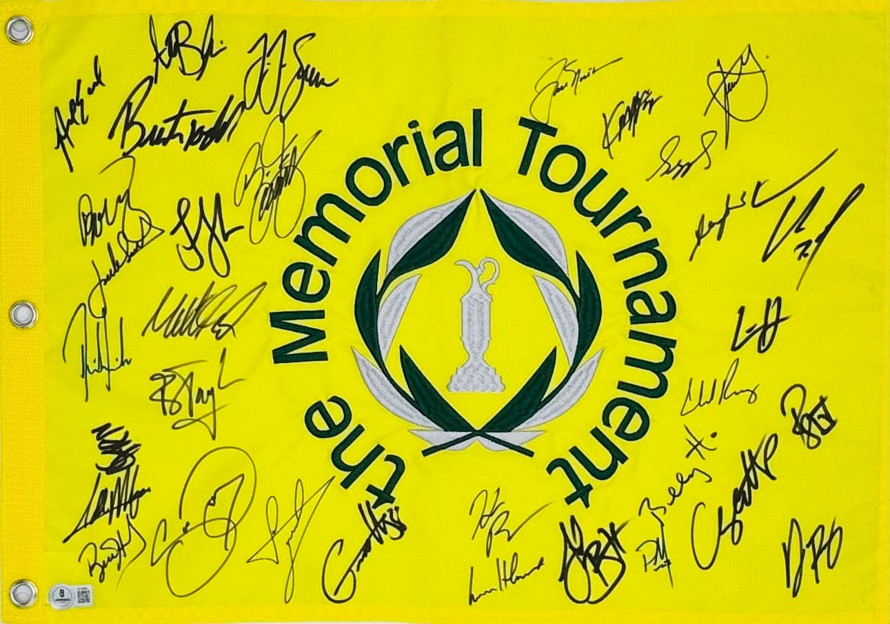 Jack Nicklaus autograph, Jordan Spieth autograph, Memorial Tournament memorabilia, Muirfield Village memorabilia, multi-signed golf flag, BAS authenticated, autographed golf flag, golf legend autograph, PGA Tour memorabilia, golf memorabilia, Memorial Tournament collectible, PGA Tour field autograph, Billy Horschel memorabilia, Masters Tournament memorabilia, golf champion memorabilia
