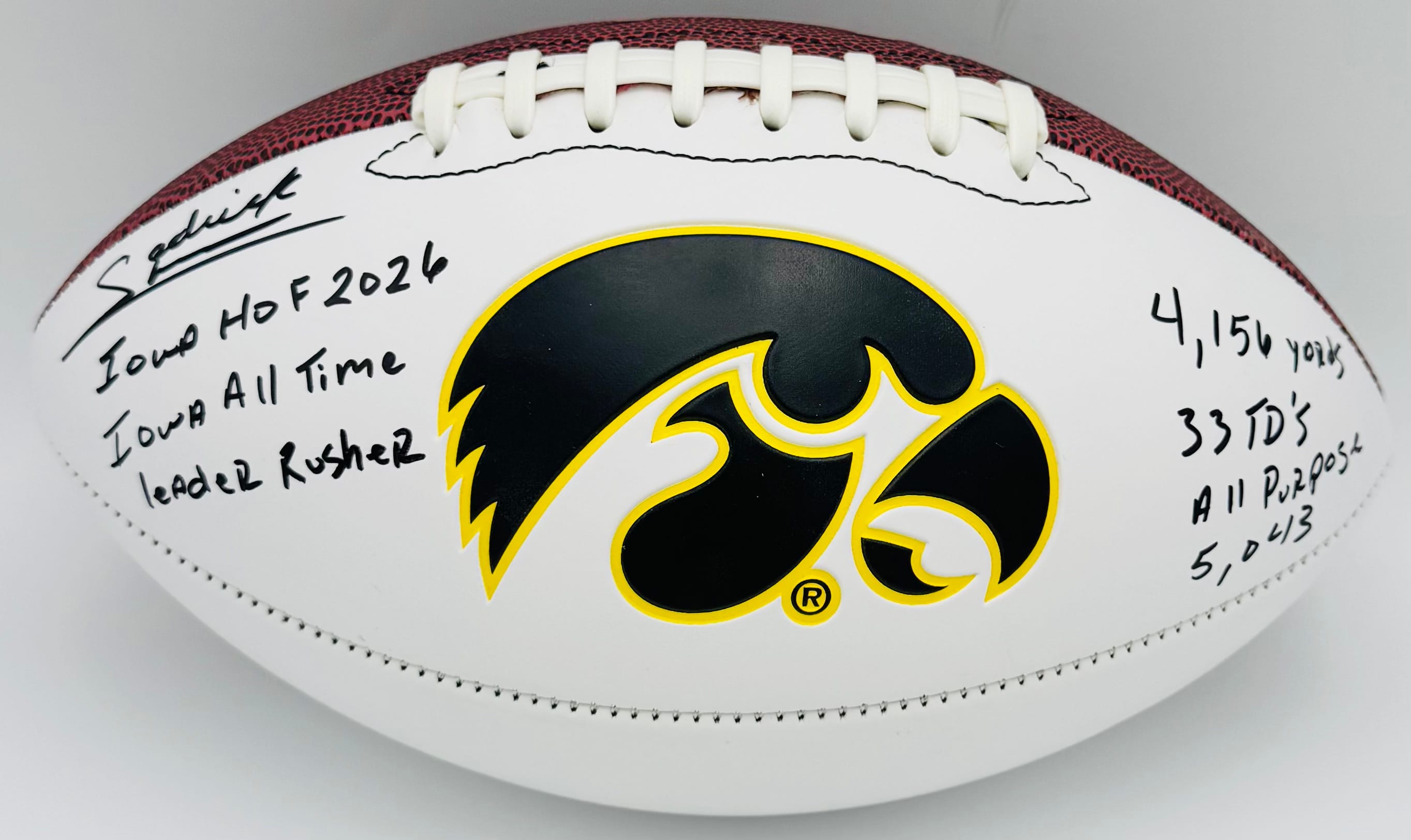 Sedrick Shaw autograph, Sedrick Shaw signed, Iowa Hawkeyes memorabilia, stat football autograph, Iowa Hall of Fame memorabilia, signed official size football, rare inscribed football, BAS authenticated, Iowa football memorabilia, Big Ten football memorabilia, college football memorabilia, Hawkeyes collectible, Iowa all-time rusher, career stats autograph, inscribed collectible
