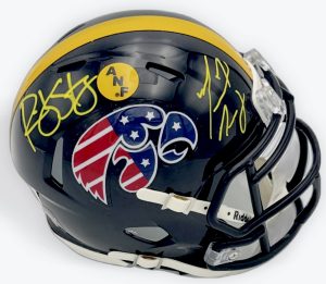 Ricky Stanzi autograph, Marvin McNutt autograph, Iowa Hawkeyes memorabilia, ANF mini helmet, America Needs Farmers helmet, Stars and Stripes helmet, dual signed mini helmet, BAS authenticated, Big Ten football memorabilia, college football memorabilia, Hawkeyes collectible, patriotic helmet display, Iowa all-time receiver, mini helmet collectible, Iowa football autograph