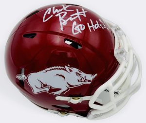 Chuck Barrett autograph, Chuck Barrett signed, Arkansas Razorbacks memorabilia, Voice of the Razorbacks, signed mini helmet, Arkansas collectible, BAS authenticated, autographed mini helmet, broadcaster autograph, SEC football memorabilia, college football memorabilia, Razorbacks collectible, inscribed mini helmet, Go Hogs memorabilia, Arkansas football autograph