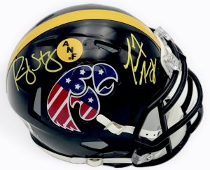 Ricky Stanzi autograph, Marvin McNutt autograph, Iowa Hawkeyes memorabilia, ANF mini helmet, America Needs Farmers helmet, Stars and Stripes helmet, dual signed mini helmet, BAS authenticated, Big Ten football memorabilia, college football memorabilia, Hawkeyes collectible, patriotic helmet display, Iowa all-time receiver, mini helmet collectible, Iowa football autograph