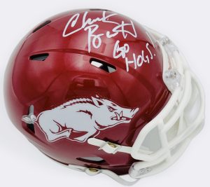 Chuck Barrett autograph, Chuck Barrett signed, Arkansas Razorbacks memorabilia, Voice of the Razorbacks, signed mini helmet, Arkansas collectible, BAS authenticated, autographed mini helmet, broadcaster autograph, SEC football memorabilia, college football memorabilia, Razorbacks collectible, inscribed mini helmet, Go Hogs memorabilia, Arkansas football autograph