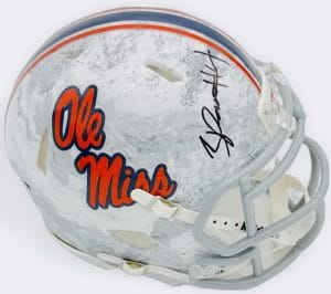 Suntarine Perkins autograph, Suntarine Perkins signed, Ole Miss Rebels memorabilia, Realtree mini helmet, signed mini helmet, BAS authenticated, autographed mini helmet, linebacker autograph, SEC football memorabilia, college football memorabilia, Rebels collectible, camo helmet display, All-American autograph, Ole Miss defense, mini helmet collectible