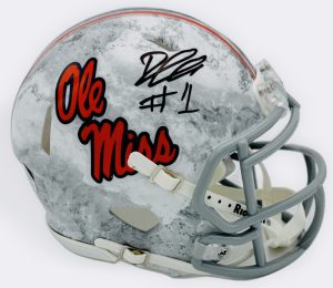 Deuce Alexander autograph, Deuce Alexander signed, Ole Miss Rebels memorabilia, Realtree mini helmet, signed mini helmet, BAS authenticated, autographed mini helmet, wide receiver autograph, SEC football memorabilia, college football memorabilia, Rebels collectible, camo helmet display, Ole Miss offense, mini helmet collectible, breakout star autograph