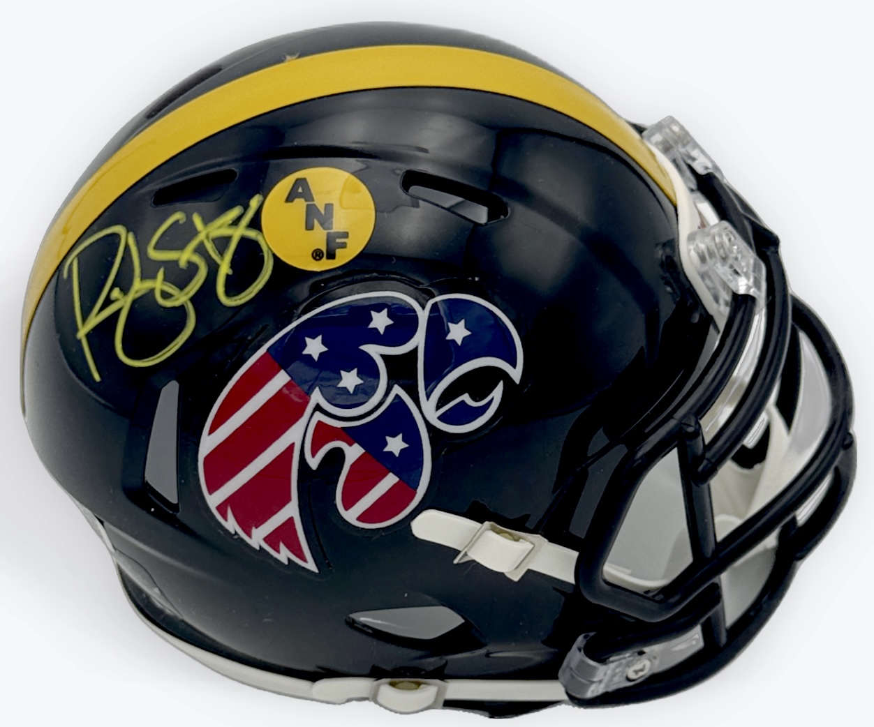 Ricky Stanzi autograph, Ricky Stanzi signed, Iowa Hawkeyes memorabilia, ANF mini helmet, America Needs Farmers helmet, America Needs Farmers sticker, Stars and Stripes helmet, signed mini helmet, BAS authenticated, quarterback autograph, Big Ten football memorabilia, college football memorabilia, Hawkeyes collectible, Orange Bowl champion, Iowa football autograph