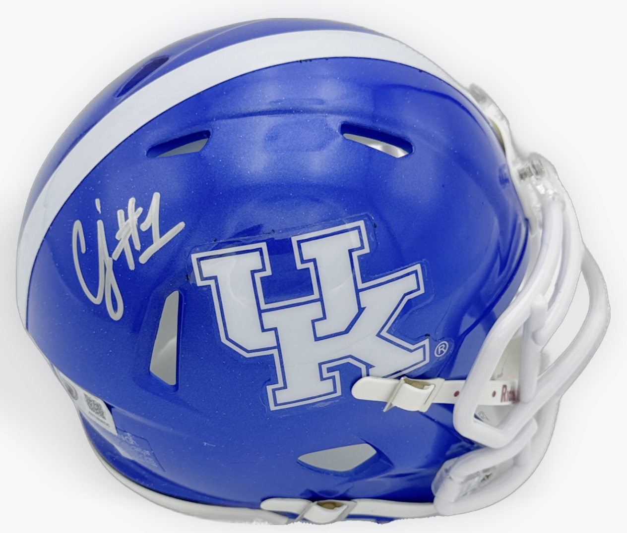 CJ Baxter autograph, CJ Baxter signed, Kentucky Wildcats memorabilia, signed mini helmet, Kentucky collectible, BAS authenticated, autographed mini helmet, running back autograph, SEC football memorabilia, college football memorabilia, Wildcats collectible, mini helmet display, NCAA memorabilia, Kentucky football autograph, Wildcats running back