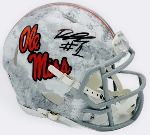 Deuce Alexander autograph, Deuce Alexander signed, Ole Miss Rebels memorabilia, Realtree mini helmet, signed mini helmet, BAS authenticated, autographed mini helmet, wide receiver autograph, SEC football memorabilia, college football memorabilia, Rebels collectible, camo helmet display, Ole Miss offense, mini helmet collectible, breakout star autograph
