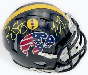 Ricky Stanzi autograph, Marvin McNutt autograph, Iowa Hawkeyes memorabilia, ANF mini helmet, America Needs Farmers helmet, Stars and Stripes helmet, dual signed mini helmet, BAS authenticated, Big Ten football memorabilia, college football memorabilia, Hawkeyes collectible, patriotic helmet display, Iowa all-time receiver, mini helmet collectible, Iowa football autograph