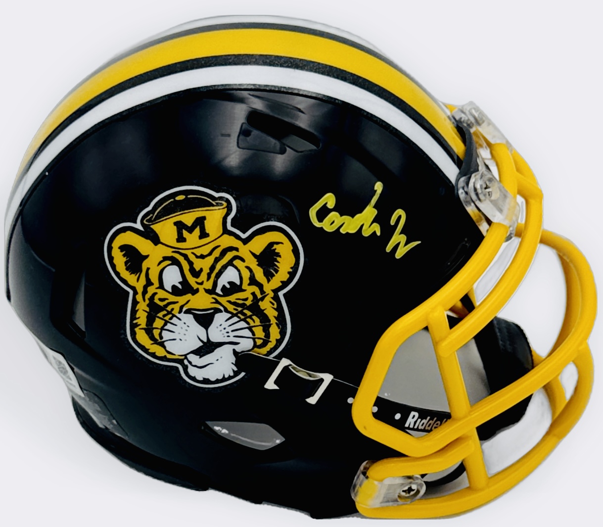 Cayden Lee autograph, Cayden Lee signed, Missouri Tigers memorabilia, Mizzou memorabilia, signed mini helmet, Missouri collectible, BAS authenticated, autographed mini helmet, wide receiver autograph, SEC football memorabilia, college football memorabilia, Mizzou collectible, mini helmet display, NCAA memorabilia, Missouri football autograph