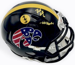 Zach Lutmer autograph, Zach Lutmer signed, Iowa Hawkeyes memorabilia, ANF mini helmet, America Needs Farmers helmet, America Needs Farmers sticker, signed mini helmet, BAS authenticated, defensive back autograph, Big Ten football memorabilia, college football memorabilia, Hawkeyes collectible, All-Big Ten defensive back, mini helmet collectible, Iowa football autograph