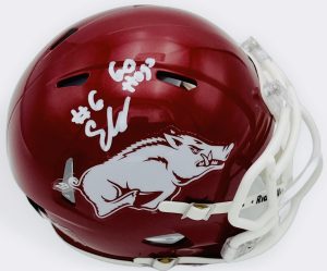 Chris Marshall autograph, Chris Marshall signed, Arkansas Razorbacks memorabilia, signed mini helmet, Arkansas collectible, BAS authenticated, autographed mini helmet, wide receiver autograph, SEC football memorabilia, college football memorabilia, Razorbacks collectible, mini helmet display, Biletnikoff watch list, Arkansas football autograph, Boise State transfer autograph