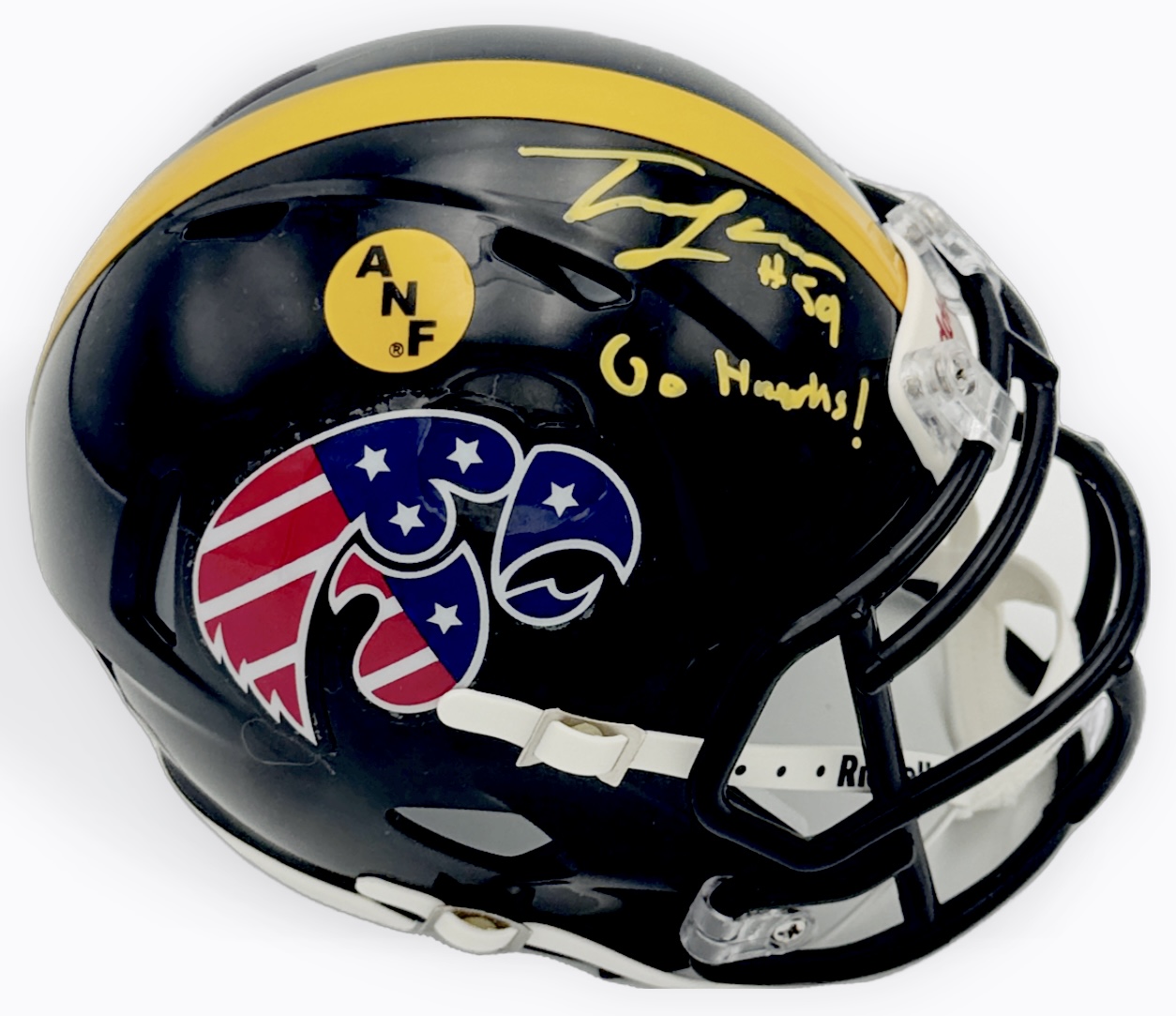 Trevor Lauck autograph, Trevor Lauck signed, Iowa Hawkeyes memorabilia, ANF mini helmet, America Needs Farmers helmet, America Needs Farmers sticker, Stars and Stripes helmet, signed mini helmet, BAS authenticated, offensive tackle autograph, Big Ten football memorabilia, college football memorabilia, Hawkeyes collectible, Joe Moore Award, Iowa football autograph