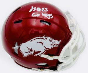Ja'Quavion Smith autograph, Ja'Quavion Smith signed, Arkansas Razorbacks memorabilia, signed mini helmet, Arkansas collectible, BAS authenticated, autographed mini helmet, linebacker autograph, SEC football memorabilia, college football memorabilia, Razorbacks collectible, mini helmet display, NCAA memorabilia, Arkansas football autograph, Howard transfer autograph