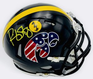 Ricky Stanzi autograph, Ricky Stanzi signed, Iowa Hawkeyes memorabilia, ANF mini helmet, America Needs Farmers helmet, Stars and Stripes helmet, signed mini helmet, BAS authenticated, quarterback autograph, Big Ten football memorabilia, college football memorabilia, Hawkeyes collectible, patriotic helmet display, Orange Bowl champion, Iowa football autograph
