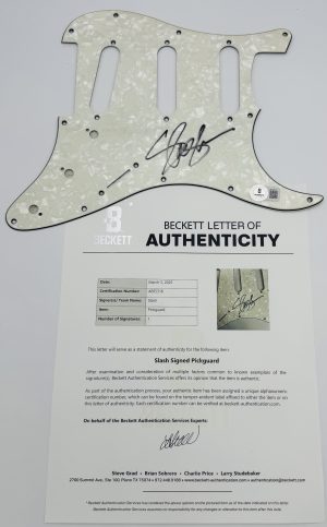 Slash autograph, Slash signed, Saul Hudson autograph, Guns N' Roses memorabilia, signed guitar pickguard, BAS authenticated, autographed pickguard, rock music memorabilia, Guns N' Roses autograph, guitar memorabilia, Rock and Roll Hall of Fame, Slash collectible, classic rock memorabilia, music memorabilia, signed guitar accessory