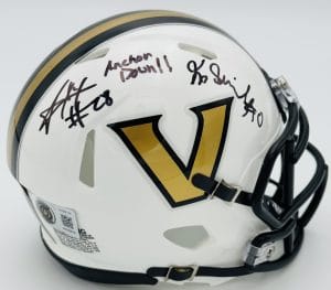 Junior Sherrill autograph, Sedrick Alexander autograph, Vanderbilt Commodores memorabilia, dual signed mini helmet, Vanderbilt collectible, BAS authenticated, autographed mini helmet, wide receiver autograph, running back autograph, SEC football memorabilia, college football memorabilia, Commodores collectible, mini helmet display, Vanderbilt football autograph, multi-signed collectible