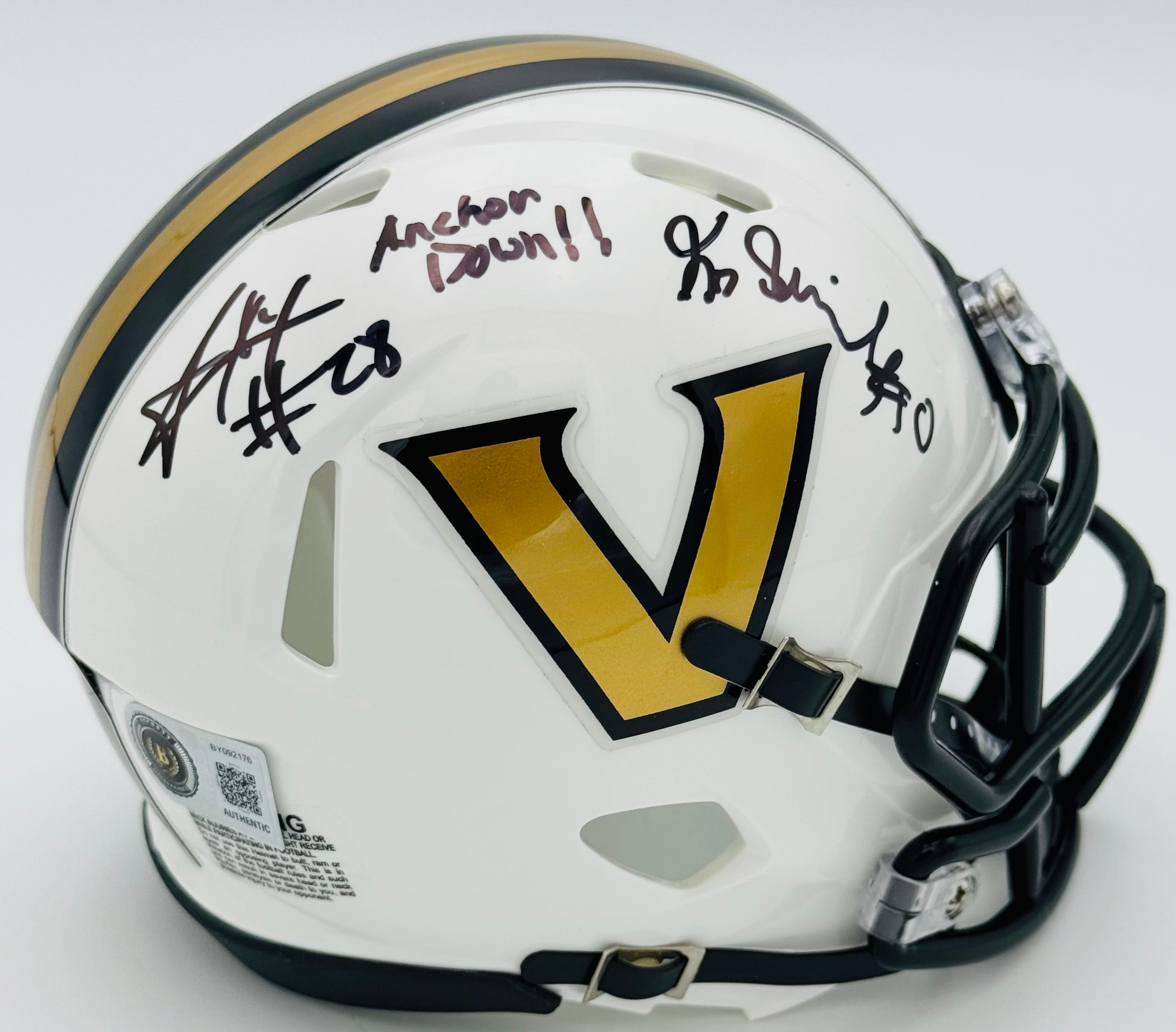 Junior Sherrill autograph, Sedrick Alexander autograph, Vanderbilt Commodores memorabilia, dual signed mini helmet, Vanderbilt collectible, BAS authenticated, autographed mini helmet, wide receiver autograph, running back autograph, SEC football memorabilia, college football memorabilia, Commodores collectible, mini helmet display, Vanderbilt football autograph, multi-signed collectible