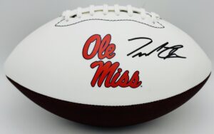 autographed football, college football memorabilia, football memorabilia, JSA witnessed, Ole Miss collectible, Ole Miss football autograph, Ole Miss Rebels memorabilia, quarterback autograph, Rebels collectible, Rebels quarterback, SEC football memorabilia, signed logo football, Sugar Bowl MVP, Trinidad Chambliss autograph, Trinidad Chambliss signed