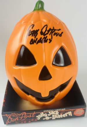 Tom Atkins signed pumpkin, Tom Atkins autograph, Halloween 3 signed pumpkin, Halloween III memorabilia, Season of the Witch memorabilia, musical light up pumpkin, signed Halloween prop, Halloween III Silver Shamrock, signed horror memorabilia, autographed horror collectible, Dr. Dan Challis, BAS authenticated, Beckett authenticated autograph, Halloween decor collectible, 80s horror memorabilia