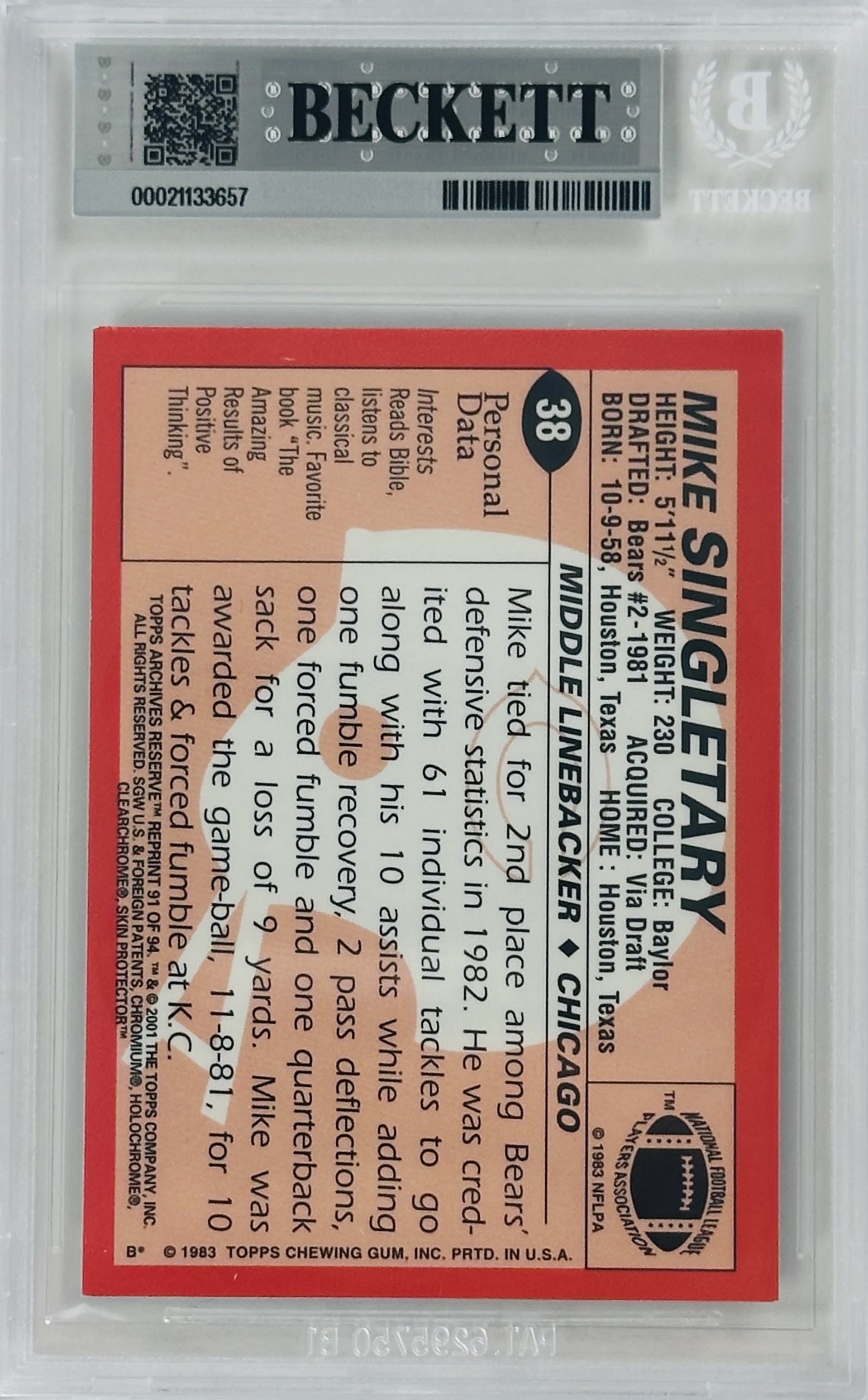 Mike Singletary Signed 2001 Topps Archives Refractor 1983 RC Rookie BAS Auto 10 - Image 2