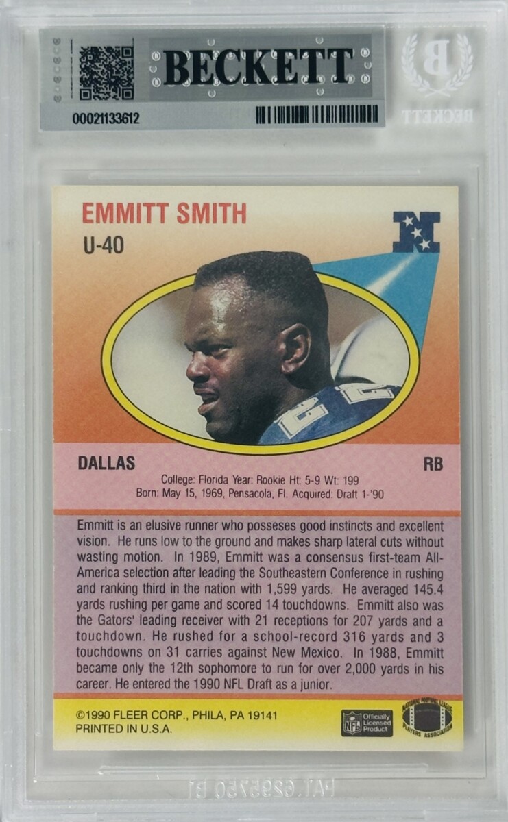 Emmitt Smith Signed 1990 Fleer Rookie RC Dallas Cowboys Autograph BAS 10 612 - Image 2