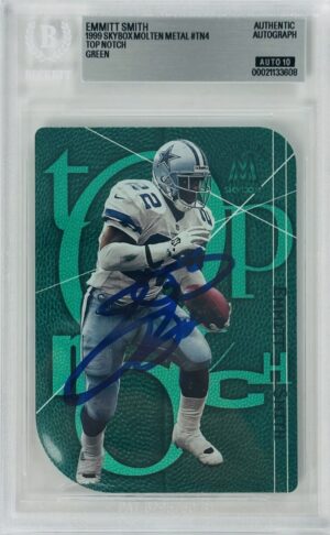 Emmitt Smith Signed 1999 SkyBox Molten Metal Top Notch Green /75 – Dallas Cowboys – Autograph – BAS Auto Grade 10
